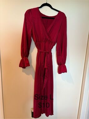 Red Long Sleeve Wrap Dress with Waist Tie